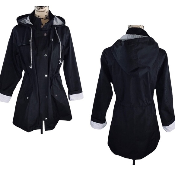 Women’s Front Zipper + Snaps Hooded Rain Jacket Fully Lined Black Size L… - Picture 1 of 16